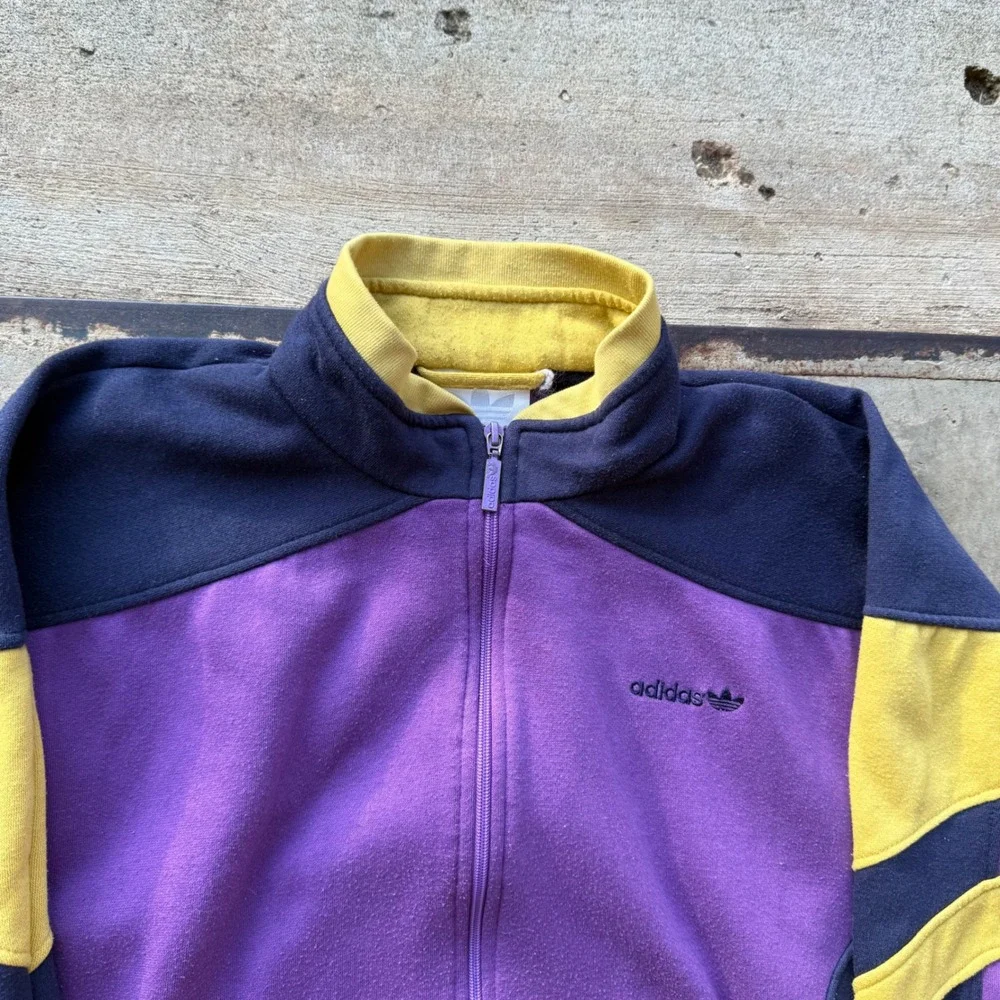 Vintage‎ Adidas Trefoil Track Jacket Purple Navy Yellow Colorblock Fleece Large